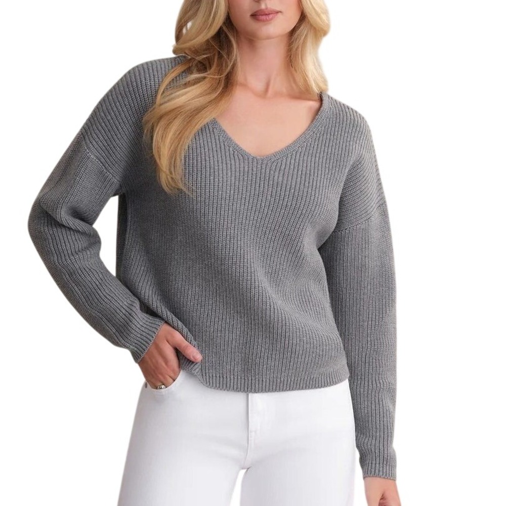525 America Women's S Gray Ribbed V-Neck Pullover Sweater Cotton